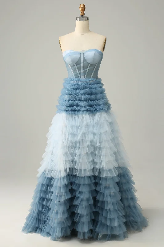 Cocktail dresses with a cut - out detail and a body - con fitA Line Sweetheart Grey Blue Long Prom Dress with Ruffles