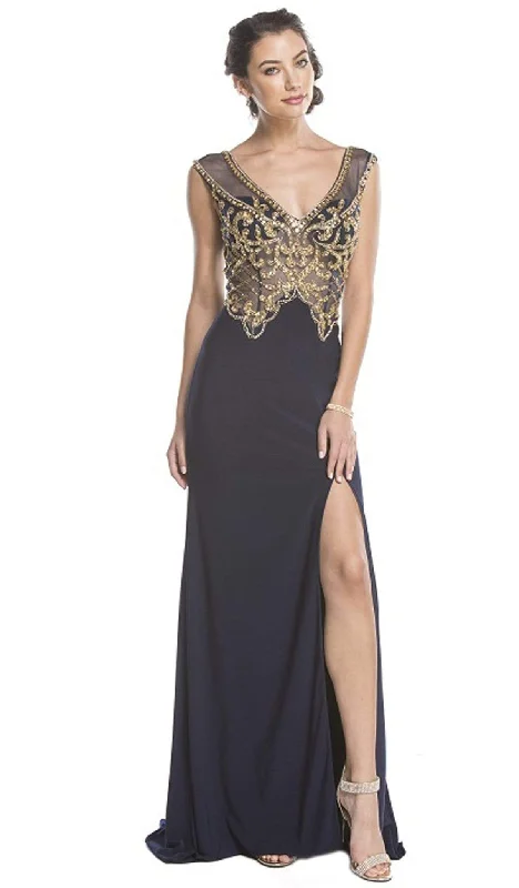 Formal dresses with empire waists and organza overlays for a feminine lookAspeed Design - Gold Embellished Evening Dress with Slit