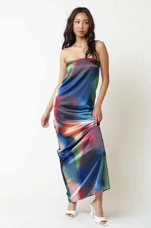 One - shoulder cocktail dresses in emerald green for a bold statementLong Strapless Multicolor Print Maxi Dress