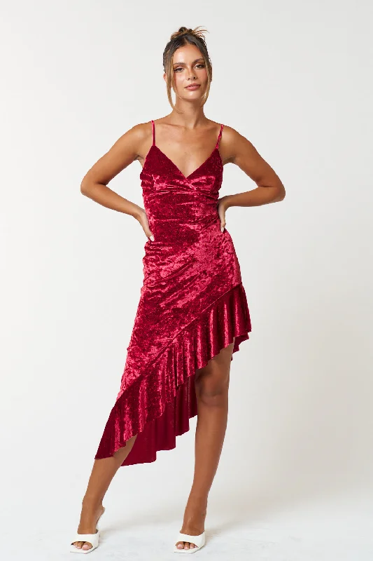 Mini cocktail dresses with a pleated bodice and a spaghetti - strap backHigh Low Spaghetti Strap Ruffled Velvet Dress