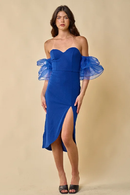 Cocktail dresses with a patchwork pattern and a mid - thigh lengthOff Shoulder Organza Ruffle Sleeve Midi Dress