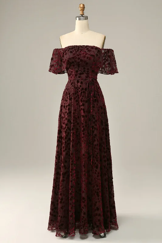 Cocktail dresses with a pom - pom trim and a short - sleeved styleBurgundy Flower Off The Shoulder Evening Dress