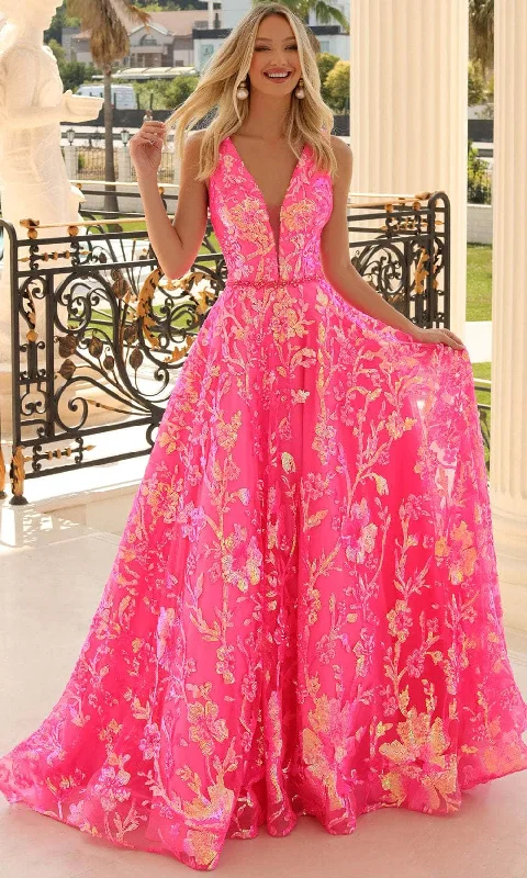 Prom dresses with pom - pom - decorated hems and cotton - blend fabrics for a playful and comfortable formal styleClarisse 810458 - V-Neck Floral Sequin Ballgown