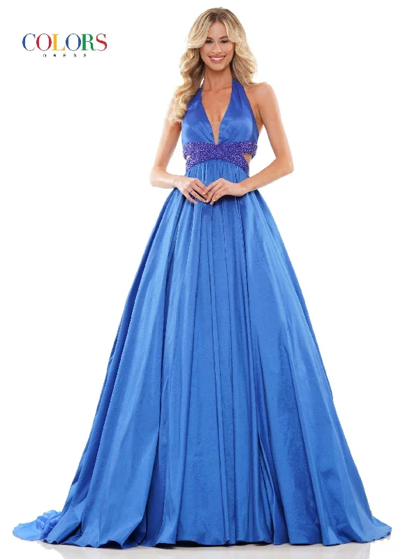 Wedding guest dresses with belted waists and knee - length skirtsColors 2910 Colors Long Halter Evening Dress