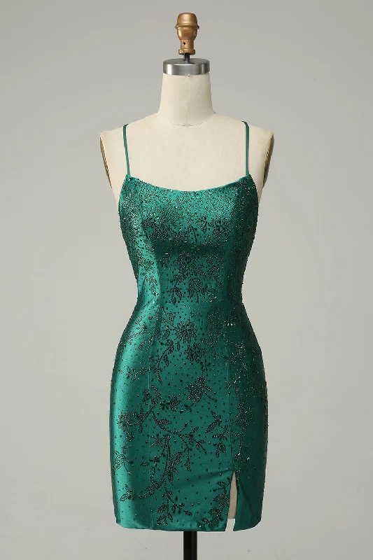 Satin - lined cocktail dresses with a lace outer layerDark Green Beaded Bodycon Homecoming Dress With Criss Cross Back