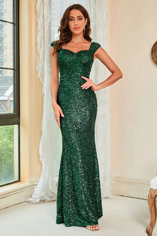 Sheer cocktail dresses with a lining and a short hemDark Green Sequins Glitter Prom Dress