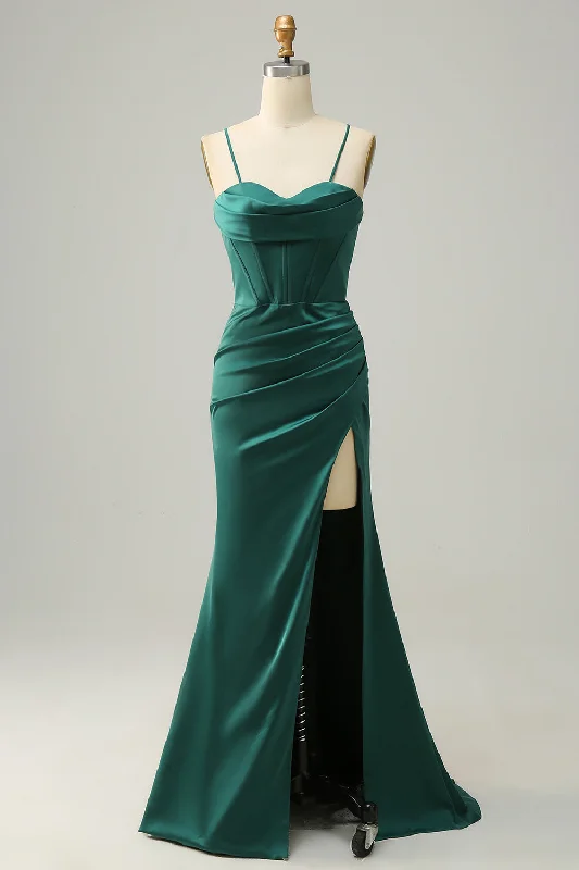 Ribbed - texture cocktail dresses with a cap - sleeve designDark Green Spaghetti Straps Mermaid Prom Dress