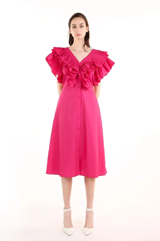 Cocktail dresses with a tiered skirt and a bow at the waistV Neck Pleated Ruffle Trim Sleeve Midi Dress