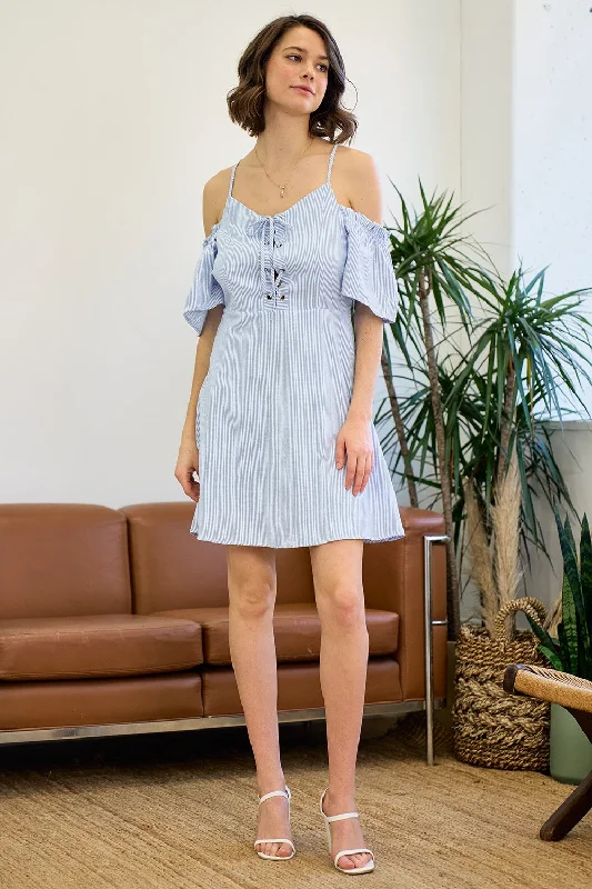 Mini cocktail dresses with a glittery finish for a party - ready styleShort Off Shoulder Lace Up Striped Dress
