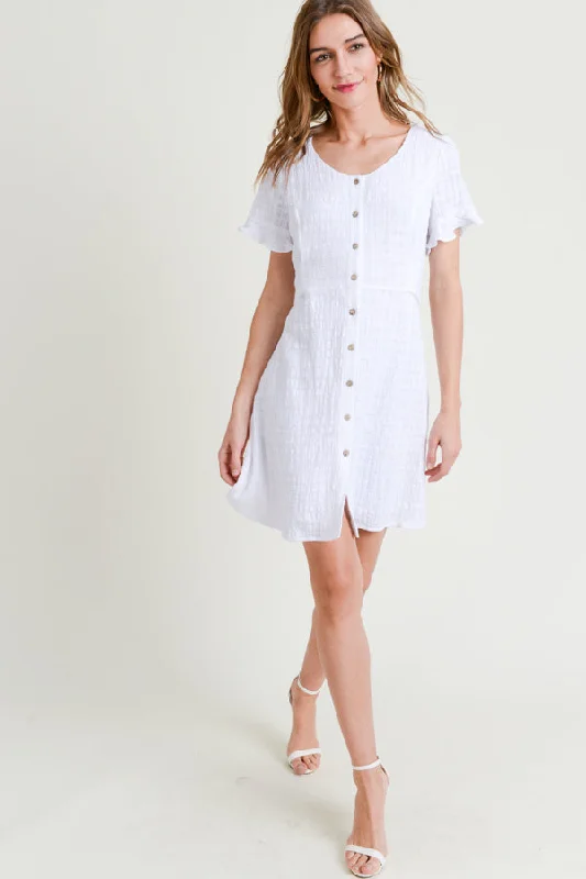 A - line cocktail dresses with floral embroidery for spring partiesShort Sleeve Scoop Neck Button Down Dress