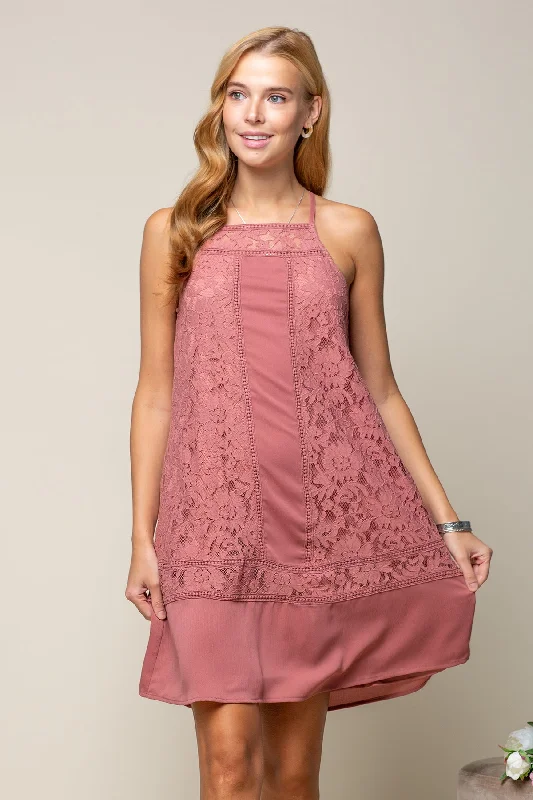 Lace - trimmed cocktail dresses in a pastel color for a soft appearanceShort Mixed Lace High Neck Shift Dress