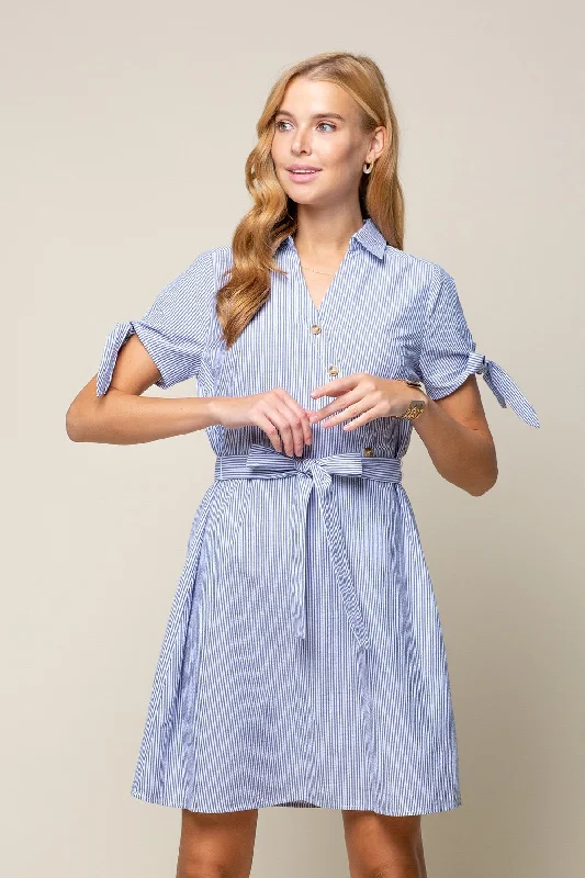 Cocktail dresses with a velvet - trimmed collar and a short skirtShort Sleeve Tie Stripe Shirt Dress