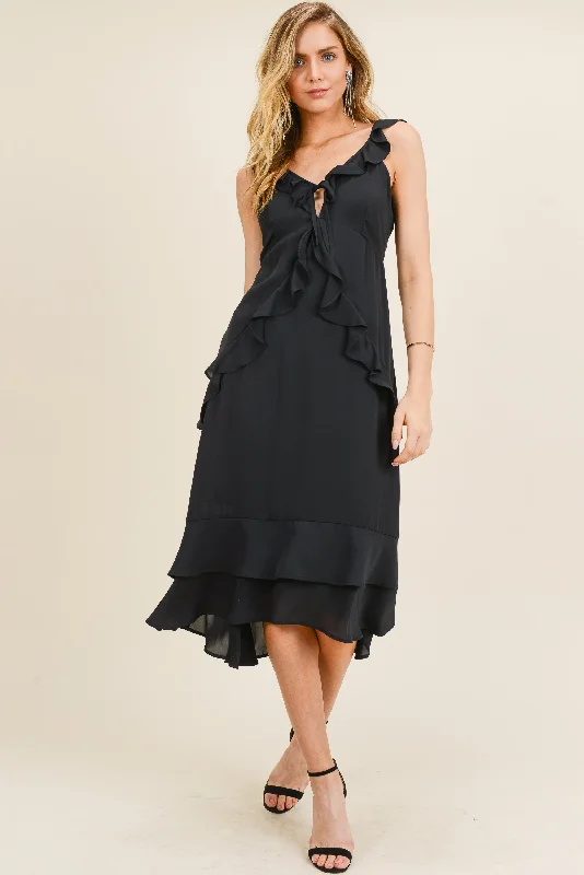 Ruffled cocktail dresses with a knee - length hem for a feminine appealSleeveless Ruffle Midi Dress