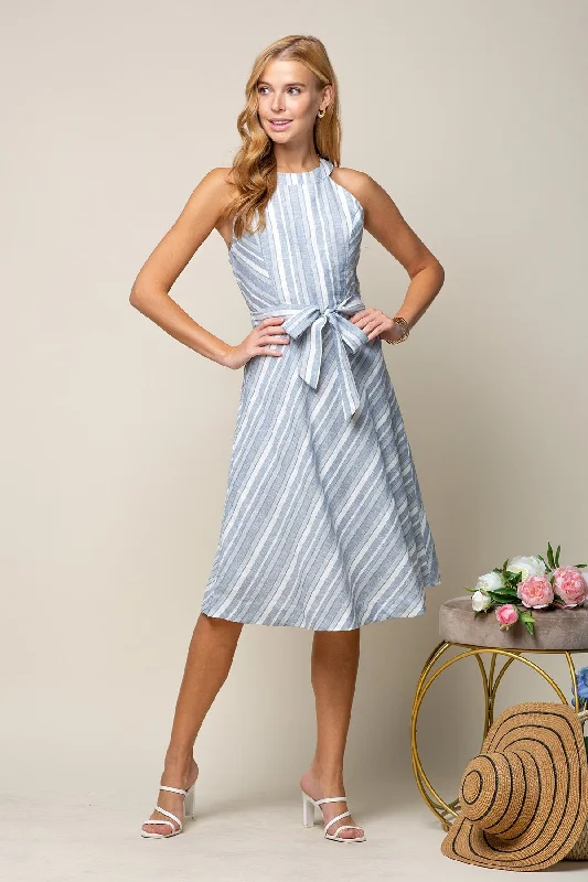 Mini cocktail dresses with a denim fabric for a casual - chic lookHalter Neck Multiple Stripe Midi Dress