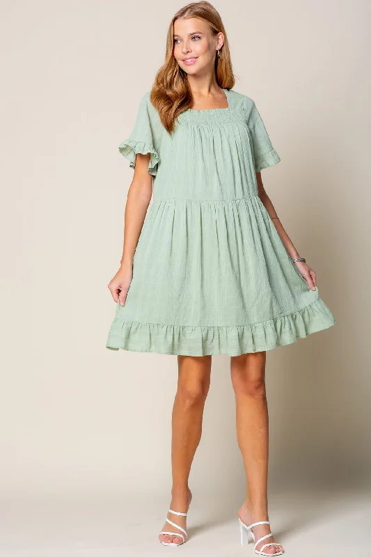 Cocktail dresses with a patchwork pattern and a mid - thigh lengthShort Sleeve Ruffle Detail Tunic Dress
