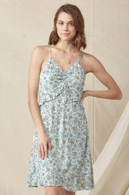 Cocktail dresses with a keyhole back and a midi - lengthShort Spaghetti Strap Cinched Bodice Floral Dress