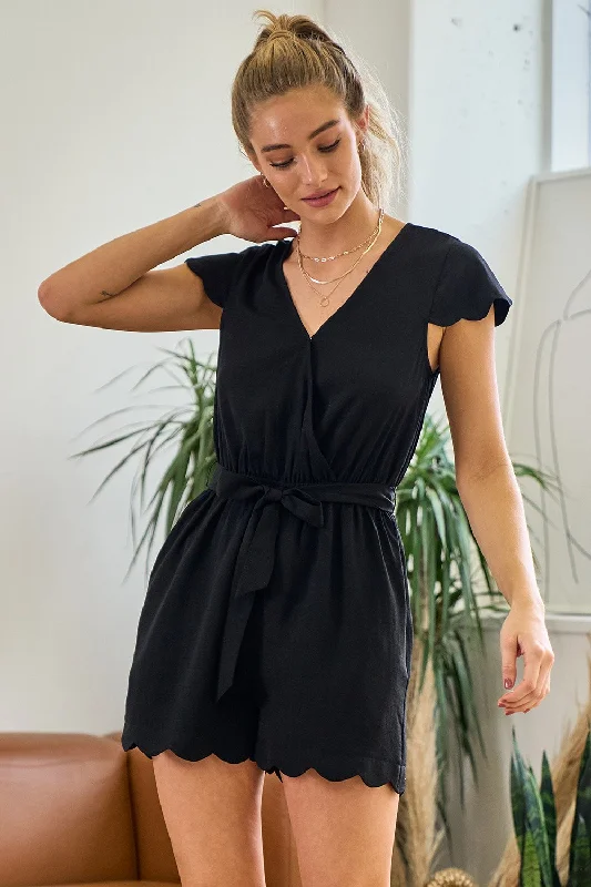 Cocktail dresses with a tiered skirt and a bow at the waistShort V Neck Scallop Romper
