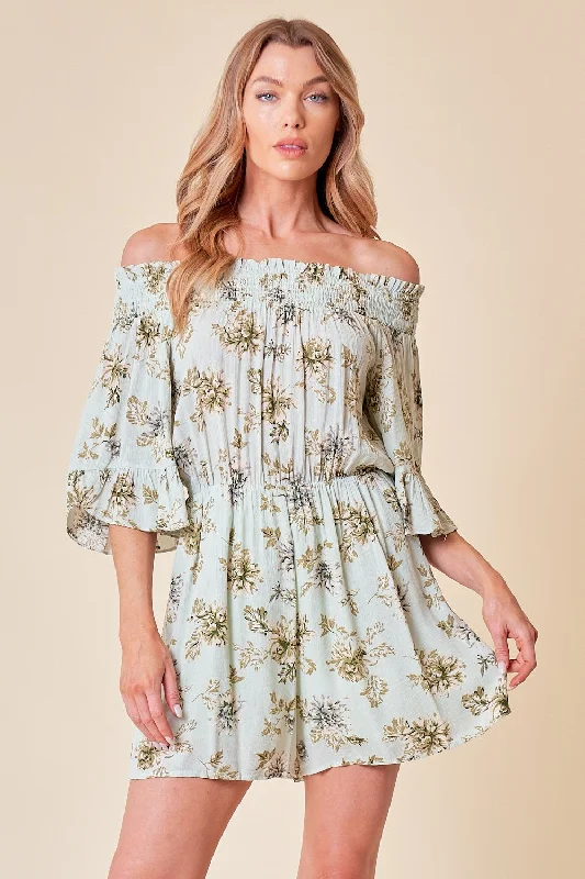 Cocktail dresses with a ruched bodice and spaghetti strapsShort Floral Off Shoulder Romper