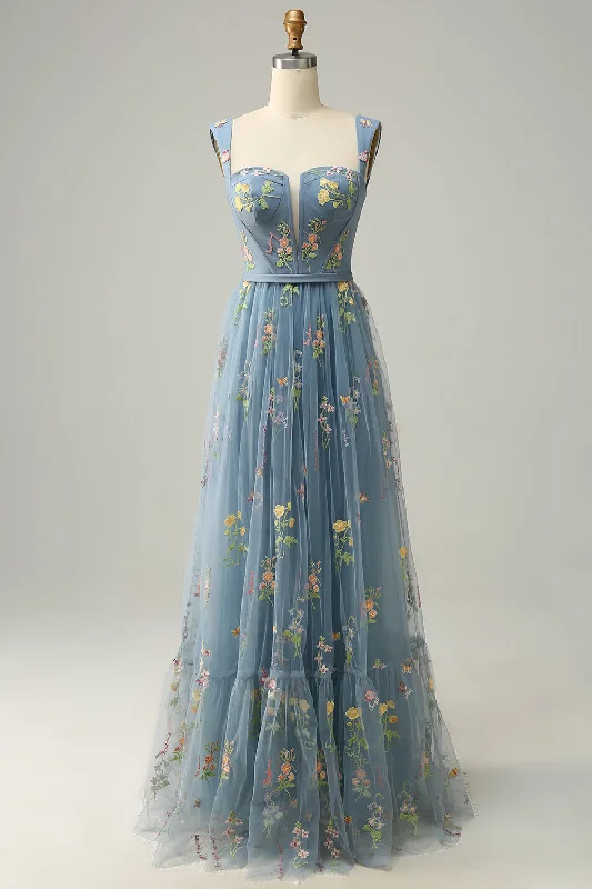 Printed cocktail dresses with geometric patterns for a contemporary aestheticElegant A-Line Square Neck Grey Blue Long Prom Dress with Embroidery