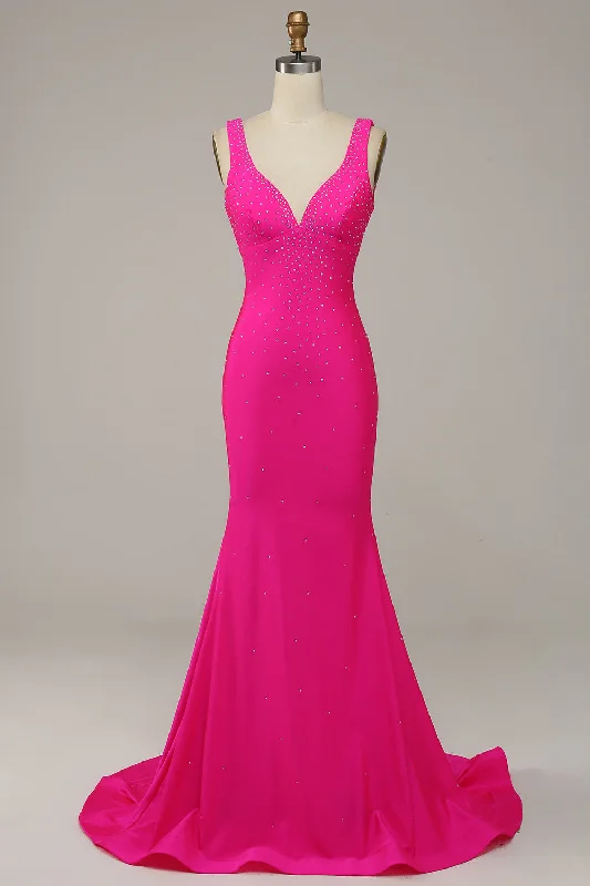 Sheer cocktail dresses with a lining and a short hemFuchsia Mermaid V-Neck Beaded Prom Dress
