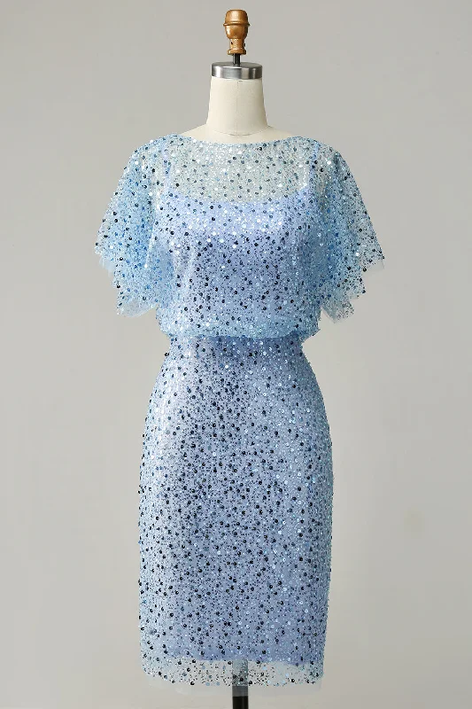 Cocktail dresses with a pleated skirt and a square necklineGrey Blue Sequins Bodycon Wedding Guest Dress
