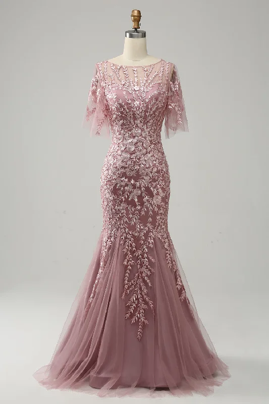 Geometric - printed cocktail dresses with a long - sleeve optionGrey Pink Mermaid Tulle Mother of the Bride Dress with Lace