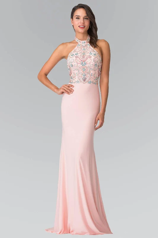 Ribbed - texture wedding guest dresses in neutral colorsProm Long Beaded Halter Neck Evening Formal Dress