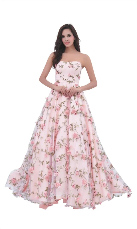 Prom dresses with illusion necklines and crystal embellishments for a formal affairJ'Adore Dresses - J11343 Floral Print Strapless Embroidered Tulle Ballgown