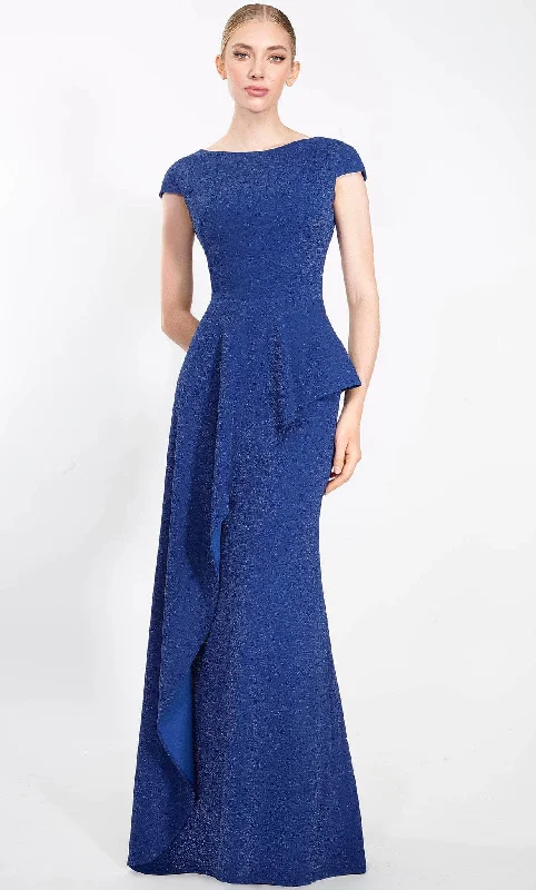 Formal dresses with tassel - adorned belts and tiered skirts for a stylish and festive formal eventJanique 2301 - Peplum Short Sleeve Evening Gown