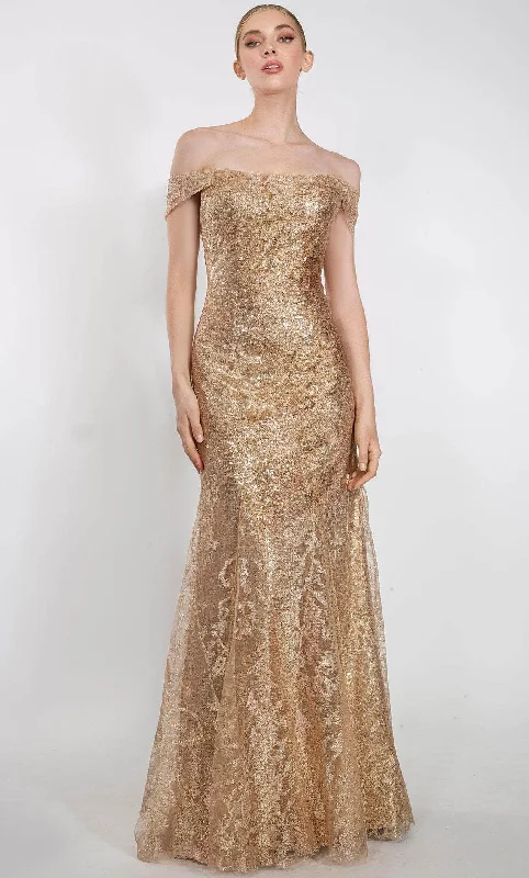 Mermaid - cut formal dresses in satin for a glamorous prom nightJanique 92125 - Sequined Off Shoulder Evening Gown