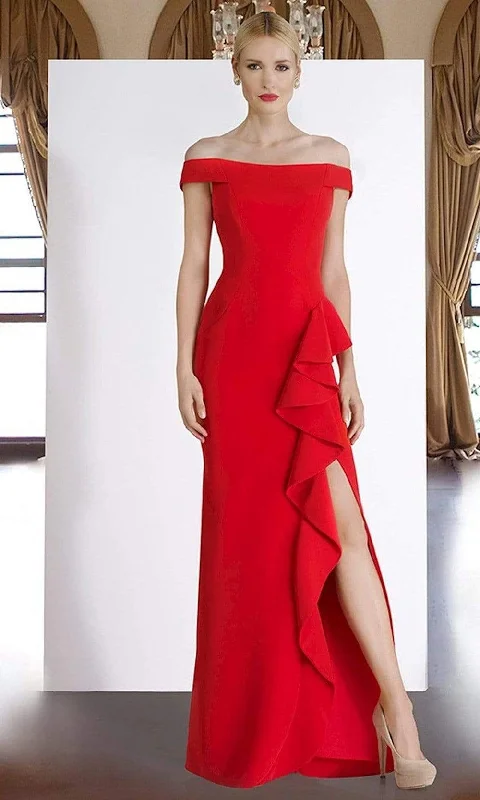 Formal dresses with side - slit pockets and beaded accents for a practical and stylish formal eventJanique - C1870 Ruffled Off-Shoulder Sheath Dress In Red