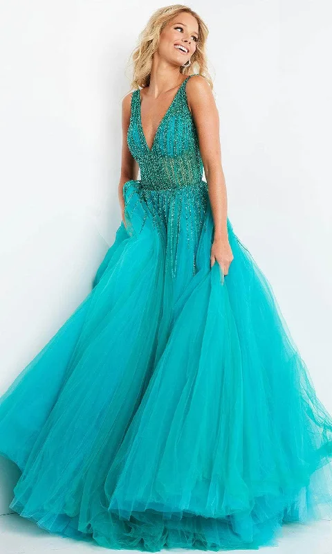 Prom dresses with lace - up side panels and ruffled bodices for a feminine and detailed lookJovani 08638 - Embellished V-Neck Prom Dress