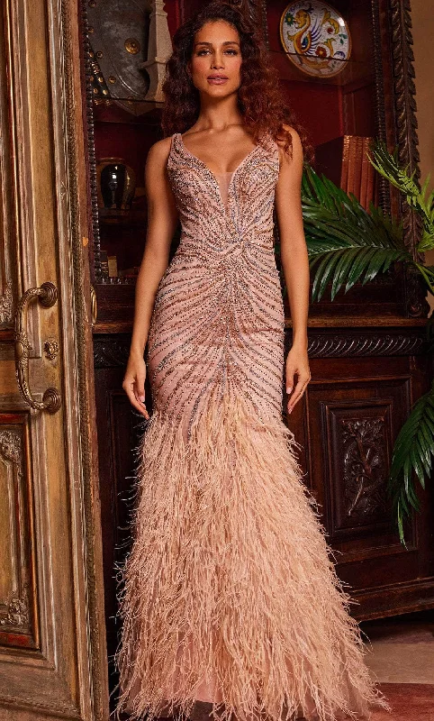 Formal dresses with abstract print panels and rhinestone embellishments for a unique formal eventJovani 24058 - Plunging V-Neck Feathered Evening Gown