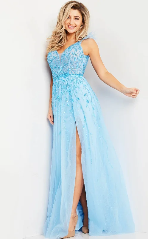 A - line formal dresses with beaded lace appliques for formal eventsJovani 38430BG Dress