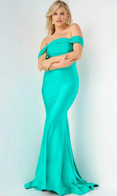 Formal dresses with cold - shoulder ruffled sleeves and floral prints for a romantic and trendy formal styleJVN by Jovani JVN08641 - Pleated Off Shoulder Prom Gown