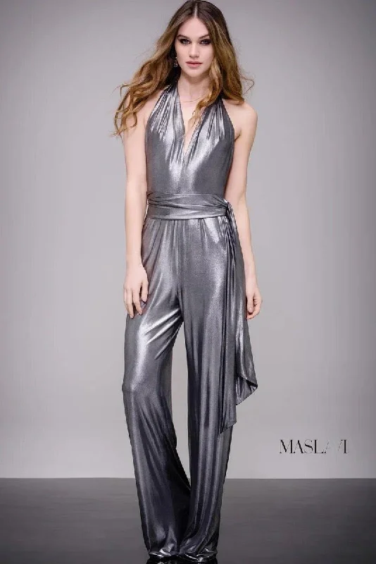 Plaid wedding guest dresses in muted colors for a fall weddingJovani M51819 Metallic Halter Jumpsuit