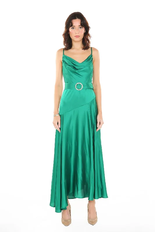 Ruffled cocktail dresses with a knee - length hem for a feminine appealPleated Cowl Neck Spaghetti Strap Satin Dress