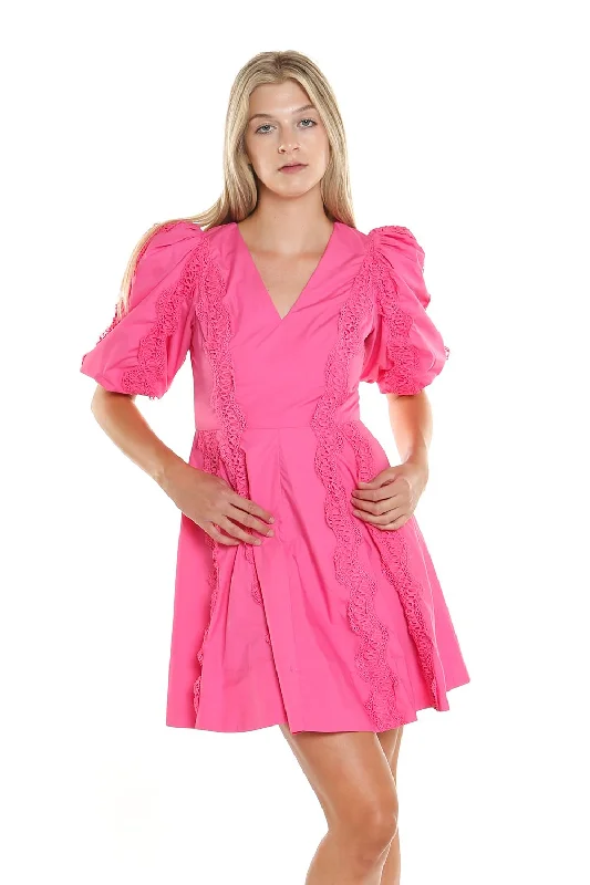 Cocktail dresses with an abstract print and a high - low hemlineShort V Neck Lace Trim Puff Shoulder Dress