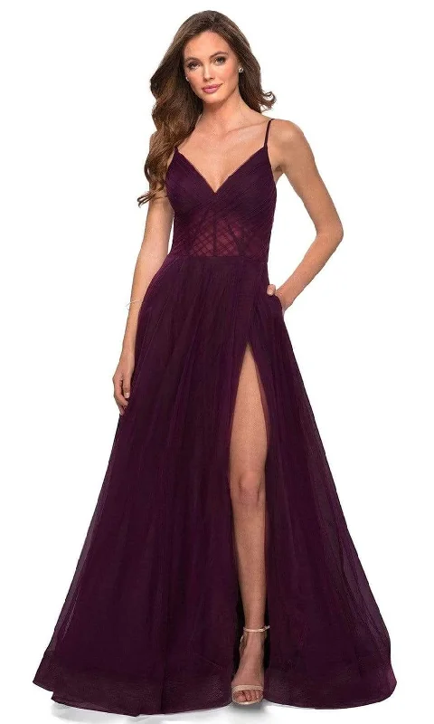 Formal dresses with side - slit pockets and beaded accents for a practical and stylish formal eventLa Femme - 29076 V-Neck Semi-Sheer Bodice Junior Prom Gown