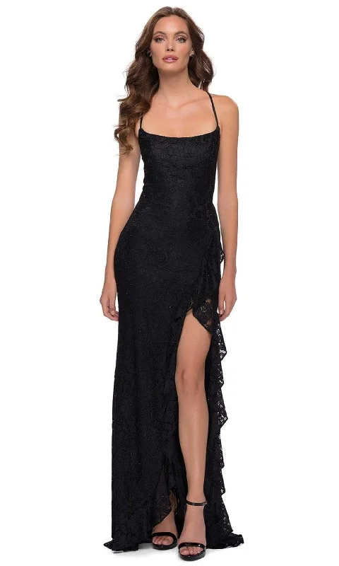 Formal dresses with ruffled skirts and bow accents for a charming prom appearanceLa Femme - 29650 Crisscross Strapped Open Back Ruffle Slit Lace Gown