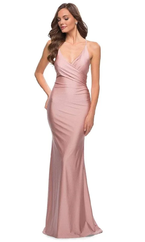 Long - sleeved formal dresses in velvet for a winter formal eventLa Femme - 29848 Open Back V-Neck Fitted Silky Jersey Long Dress