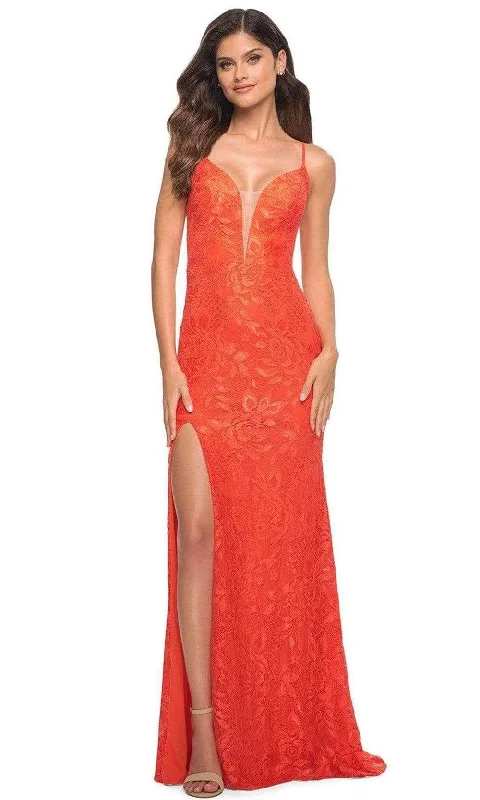 Prom dresses with ruched bodices and organza sleeves for a romantic lookLa Femme - 30687 Plunging Floral Lace Slit Gown