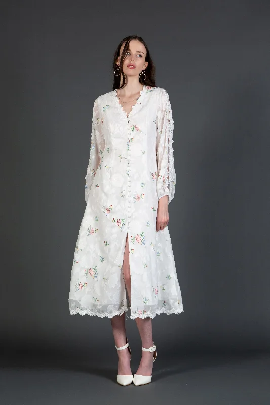 Lace - trimmed cocktail dresses in a pastel color for a soft appearanceLong Sleeve V Neckline Midi Length Dress