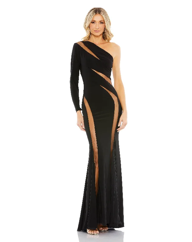 Wedding guest dresses with mesh panels and empire waistsMac Duggal 11311 Long One Shoulder Formal Dress