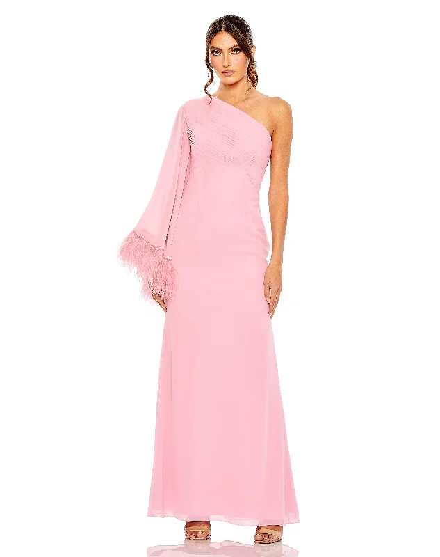 Wedding guest dresses with pom - pom trims for a playful lookMac Duggal 11442 Long One Shoulder Formal Chiffon Gown