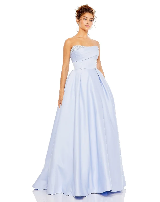 Wedding guest dresses with high - low hems and floral appliquesMac Duggal 20457 Long Strapless Prom Ball Gown