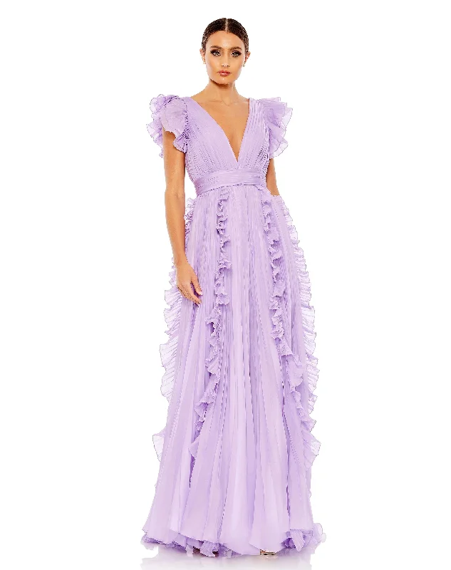 A - line cocktail wedding guest dresses in pastel colorsMac Duggal 49539 Long Ruffle Cap Sleeve Formal Dress