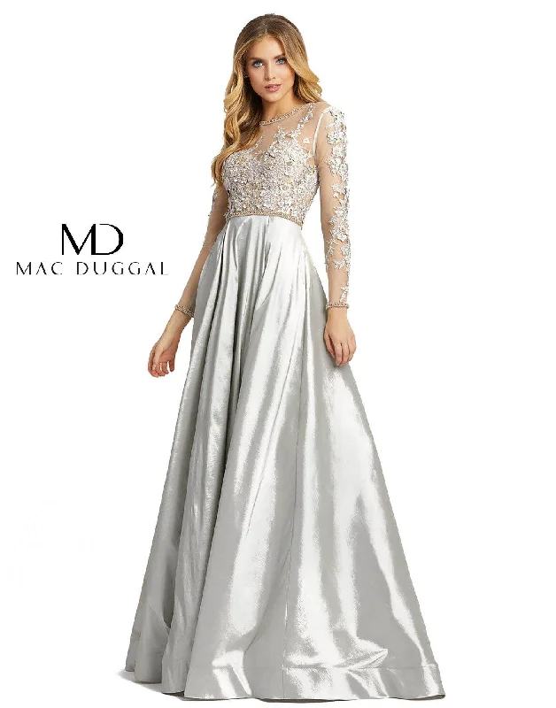 Sleeveless wedding guest dresses with pleated bodicesMac Duggal Long Sleeve Floral Embroidered Dress