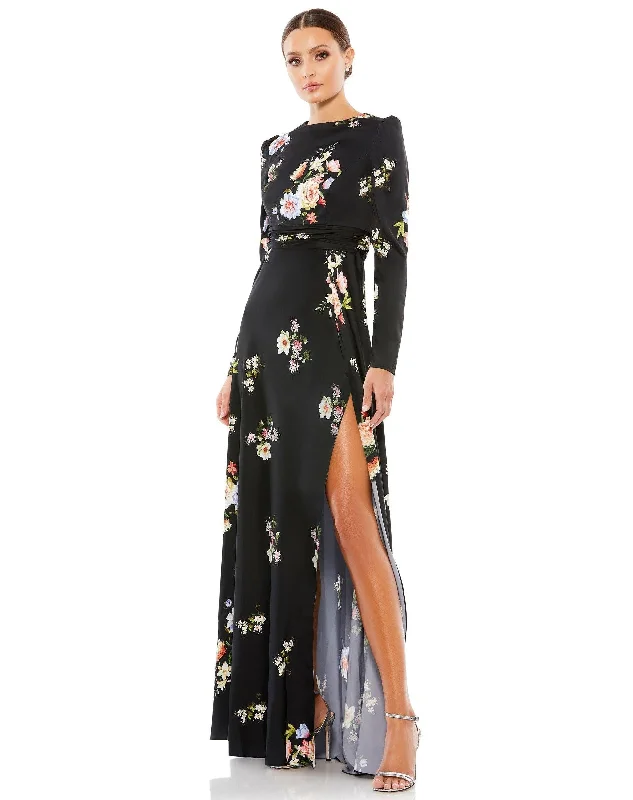 Bow - backed wedding guest dresses in silk for a luxurious feelMac Duggal 55622 Long Sleeve Formal Print Dress