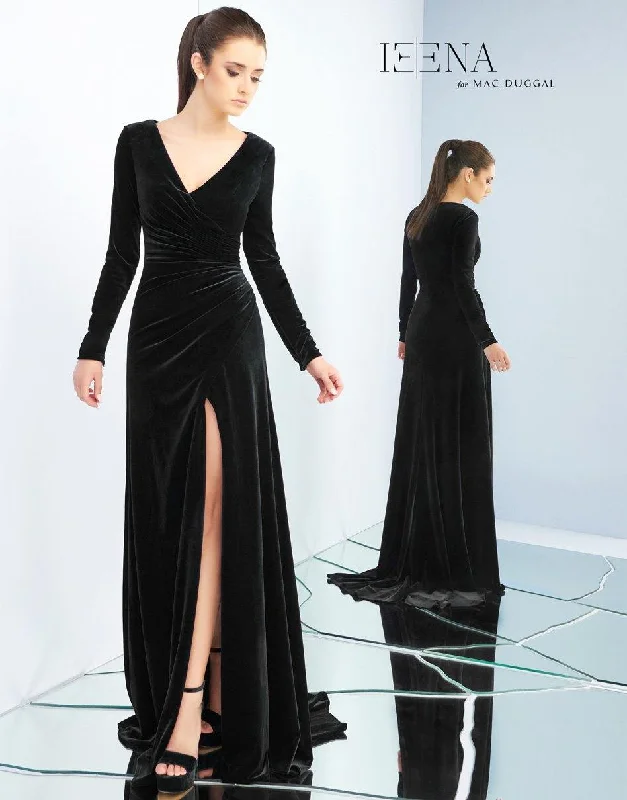 Wedding guest dresses with cold - shoulder ruffled sleeves and knee - length hemsMac Duggal 26007 Long Sleeve Formal Velvet Dress